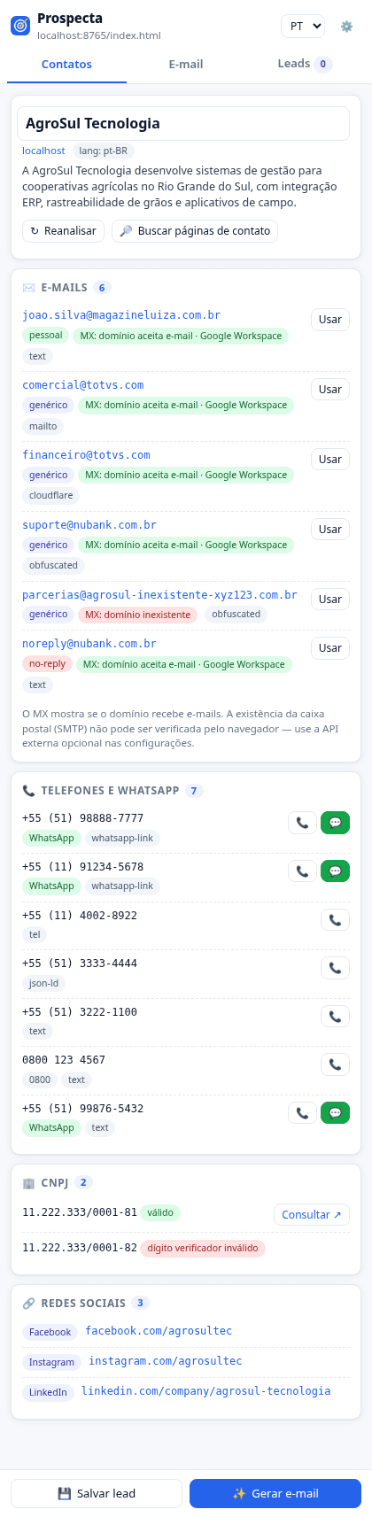 Extração automática de contatos